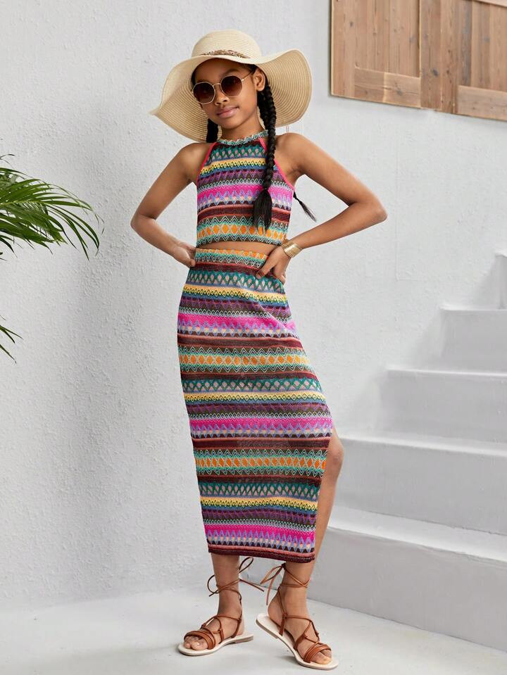 Tween Girl Daily Casual Halter Sleeveless Top And Skirt Set | SHEIN