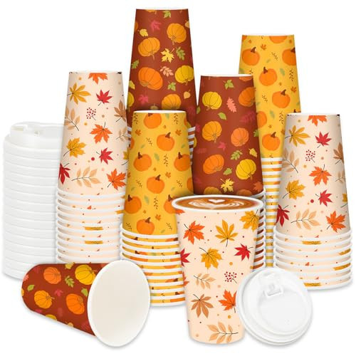JarThenaAMCS 72 Sets Fall Thanksgiving Disposable Coffee Cups with Lids Maple Leaf Pumpkin Paper Drinking Cup for Autumn Harvest Coffee Bar Restaurant Business Supplies, 12Oz | Amazon (US)