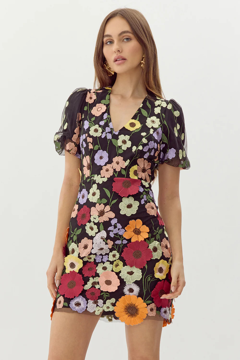 Nicole 3D Floral Puff Sleeve Mini Dress | Adelyn Rae