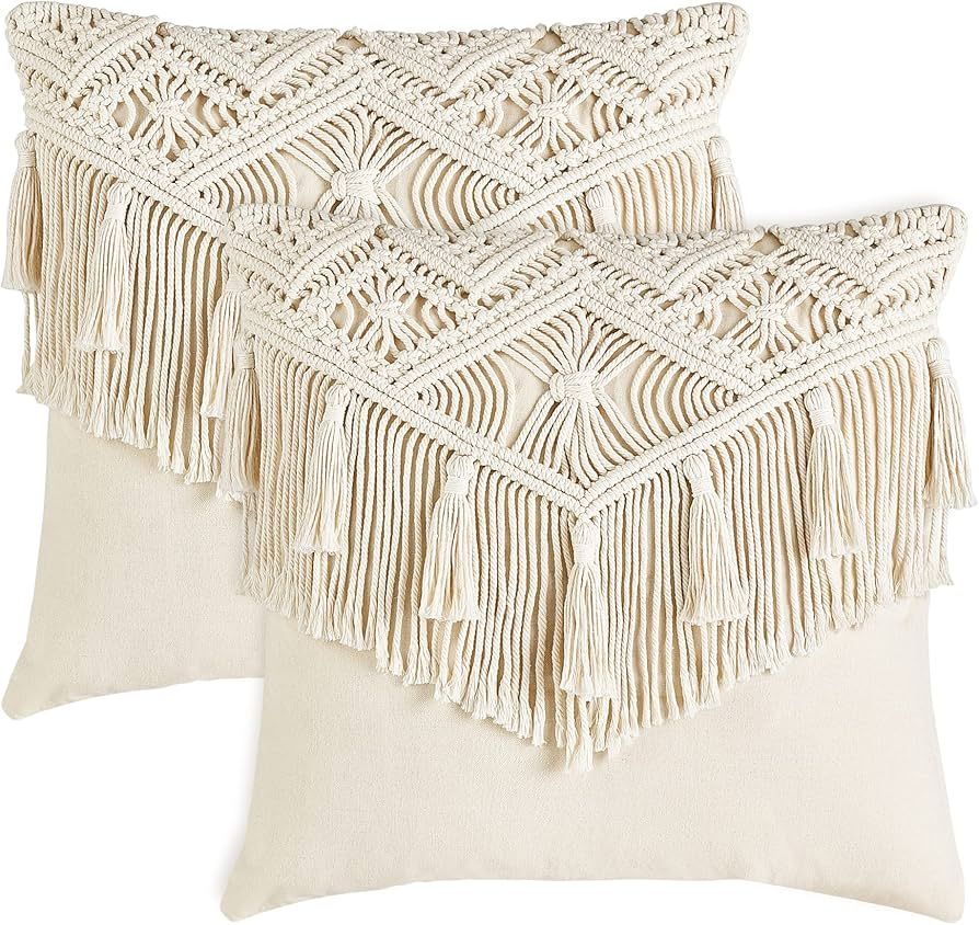 Mkono Throw Pillow Cover Macrame Pillow Case Set of 2 Decorative Boho Throw Pillowcase with Tasse... | Amazon (US)