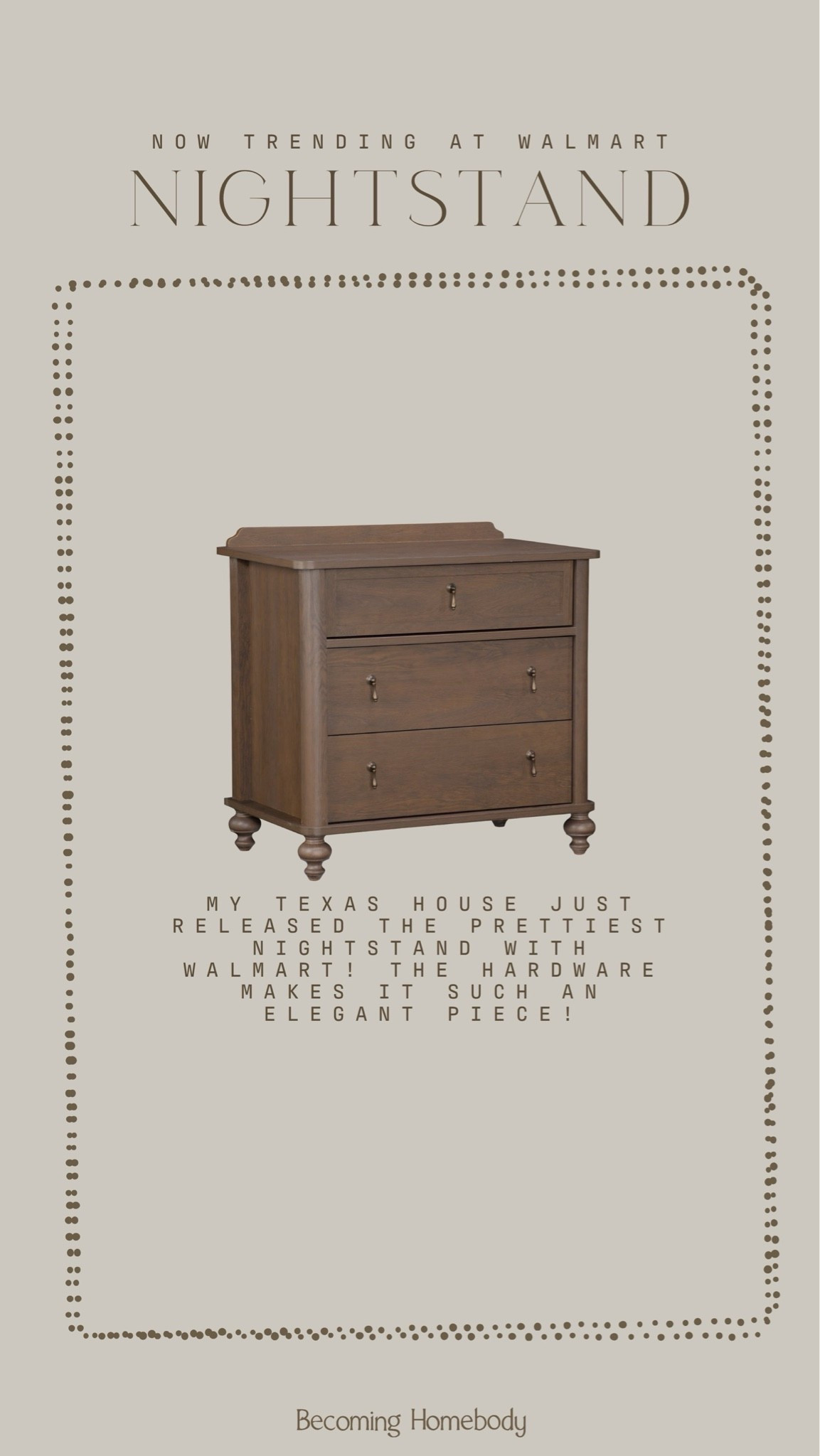 Now trending at Walmart: the new nightstand from My Texas House 🤎 The prettiest hardware adds such an elegance. Neutral Home, Walmart Home, Brown Nightstand