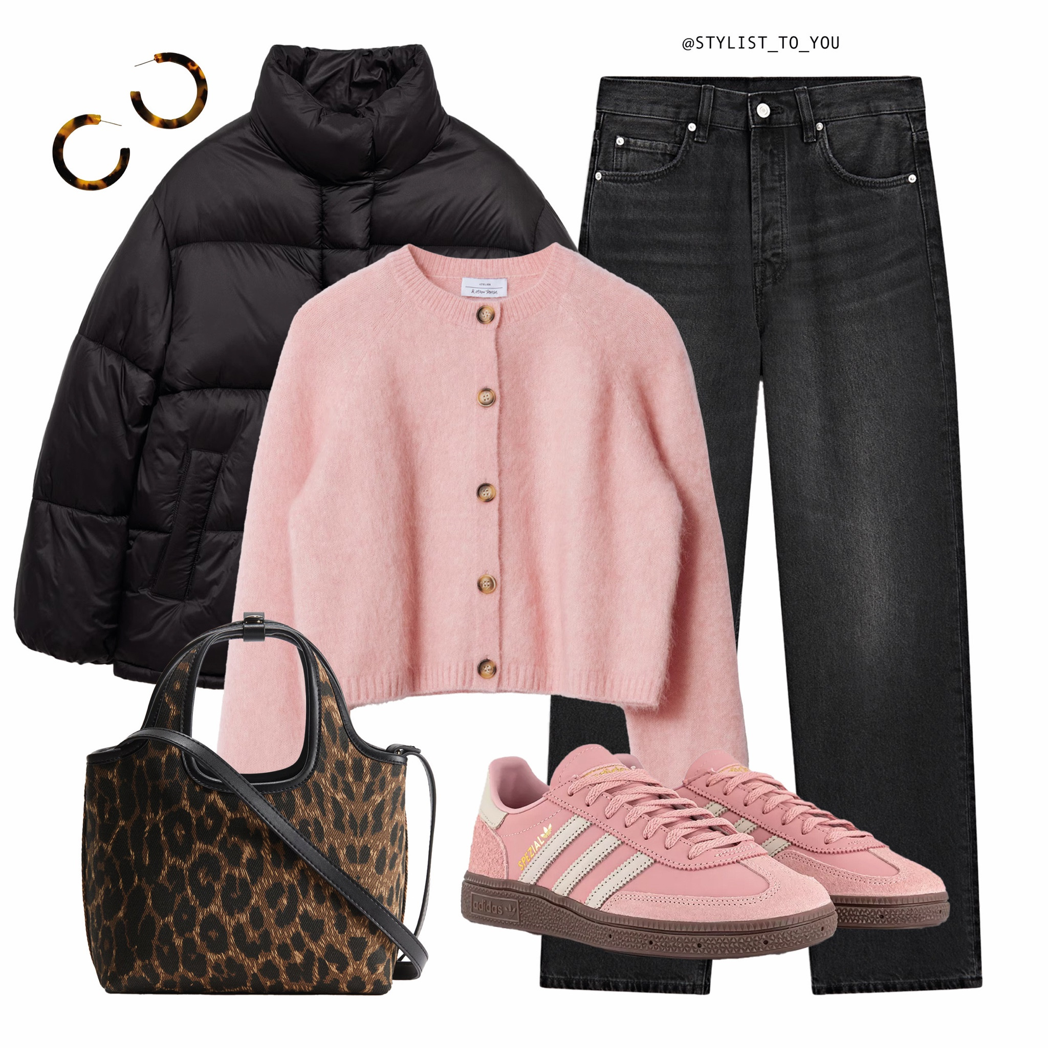 Pink kicks and cosy knots - the perfect combo 🎀💕🌸

Flat lay of a stylish winter outfit featuring a powder pink cardigan with gold buttons, black high-waisted straight-leg jeans, a black puffer wadded jacket, pink Adidas trainers sneakers with cream stripes, a leopard print handbag, and tortoiseshell hoop earrings. OOTD, winter fashion, cozy chic, street style, casual outfit, Adidas Samba, pink vibes, leopard print bag, puffer jacket, effortless style, knitwear, sneaker style, fashion inspiration, layered looks, style goals, outfit of the day, Adidas sneakers, knitwear, puffer jacket, leopard print bag, warm style, trainer fashion, layered looks, wardrobe essentials, fashion inspo, everyday style, comfy and cute, pastel vibes, black denim, casual chic, cold weather fashion, statement sneakers, fashion trends, minimalist style, weekend look, outfit inspiration, cozy layers, effortless fashion, soft hues, winter wardrobe, bold accessories, chic and cozy, trendy looks, casual layering, knit cardigan, pink aesthetic, fashion goals, stylish and comfy, winter essentials, streetwear vibes, timeless style, everyday fashion, wardrobe staples, denim outfit, casual luxe, fashionable layers, winter ready, pop of pink, cozy vibes, cold weather outfits, elevated casual style, valentiness

#LTKeurope #LTKuk #LTKdatenight