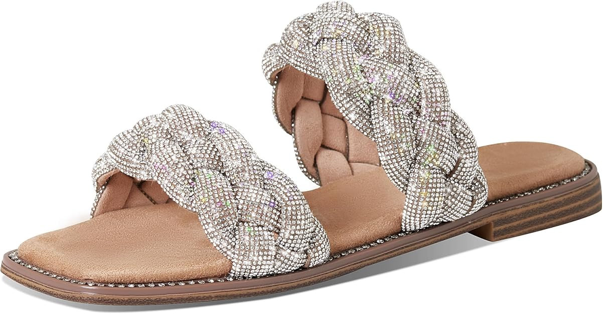 Ancomafio Flat Sandals For Women Braided Rhinestone Slides Square Open Toe Flats Two Strap Slip O... | Amazon (US)