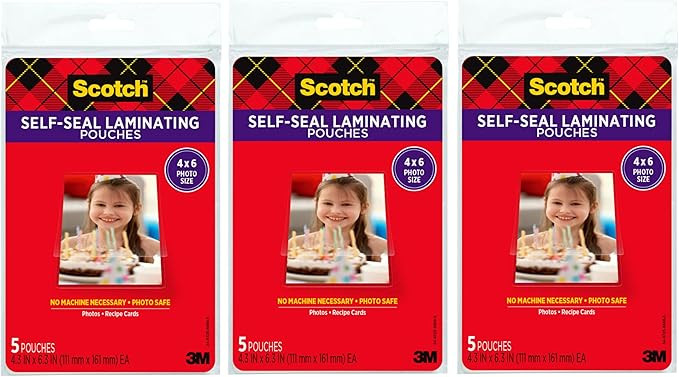 Scotch Self-Sealing Laminating Pouches, 4 x 6 Inches, 3-Pack of 5 Pouches – No Machine Needed, ... | Amazon (US)