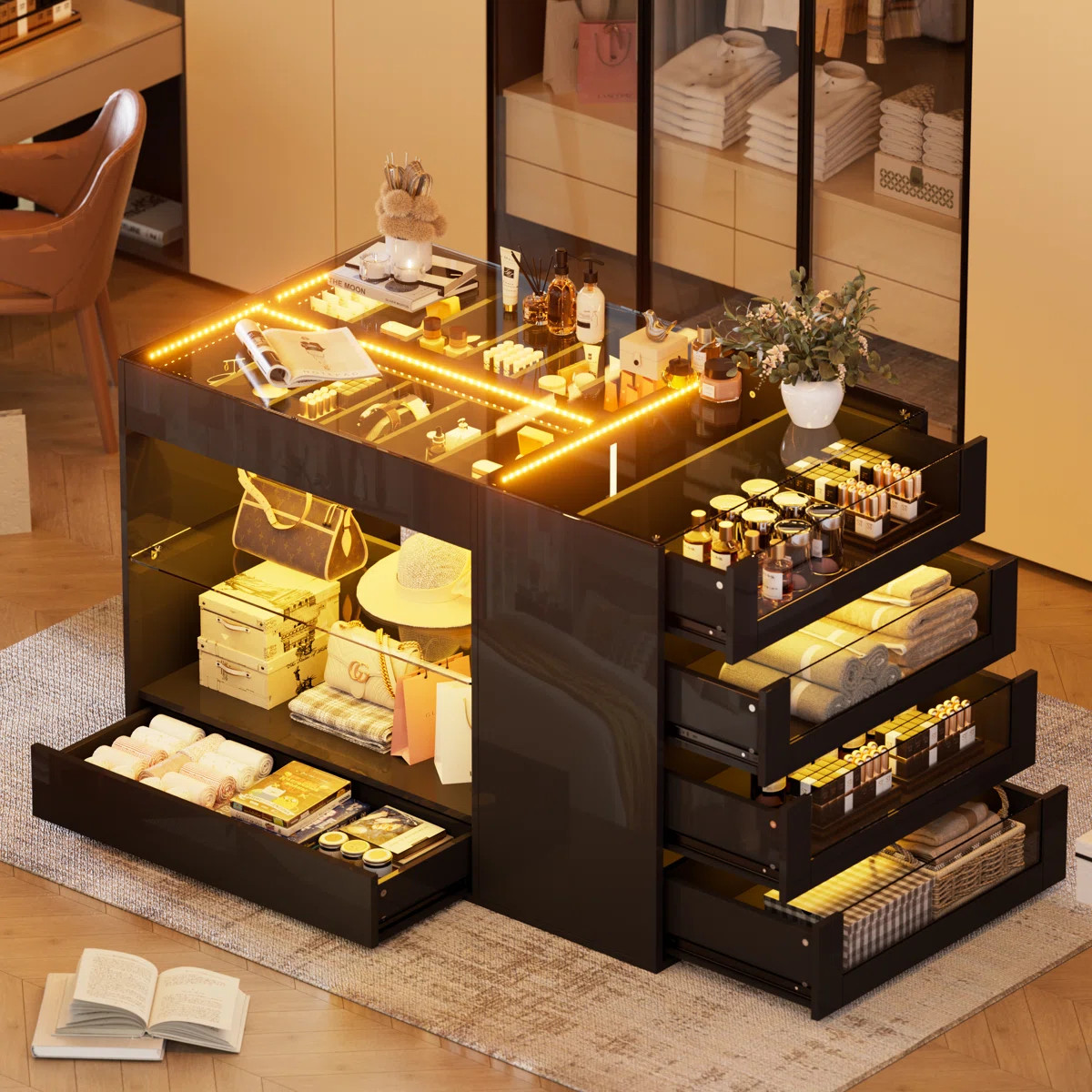 Closet Island With Drawers, Glossy Wardrobe Armoire Bedroom Island With Glass Tabletop, Lights&je... | Wayfair North America