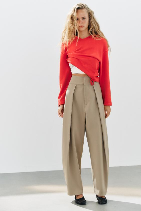 Zara - Striped Pleated Balloon Trousers - Chocolate Brown - L - Woman | Zara UK