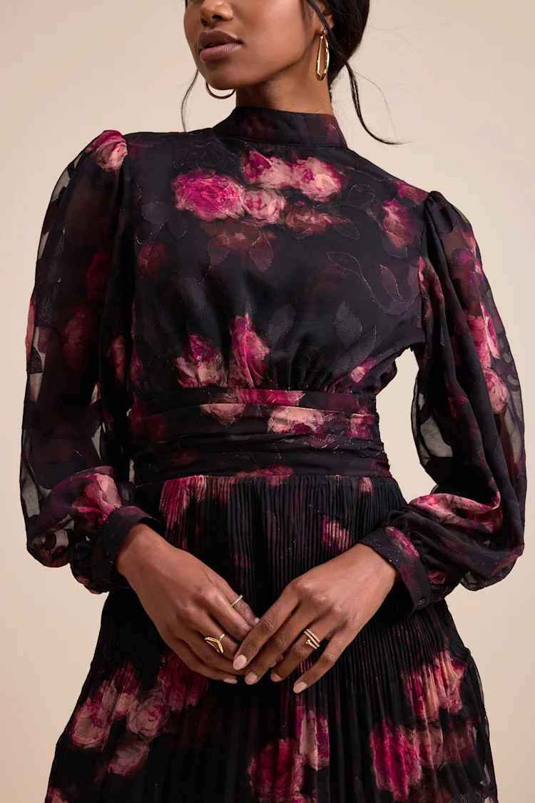 Ayveen Black Floral Burnout Balloon Sleeve Mini Dress | Lulus