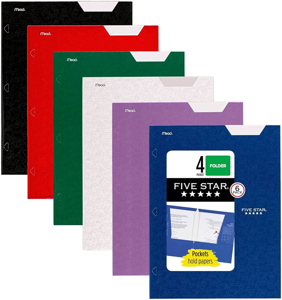 Five Star 4 Pocket Folders, 6 Pack, Paper Folders, Fits 3-Ring Binders, Holds 8-1/2" x 11" Paper,... | Amazon (US)