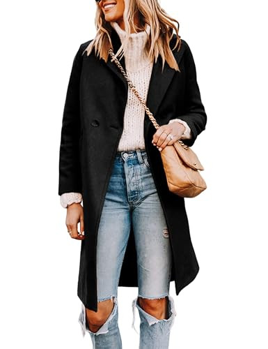 Tanming Women's Notch Lapel Double Breasted Wool Blend Mid Long Pea Trench Coat (Black-M) | Amazon (US)