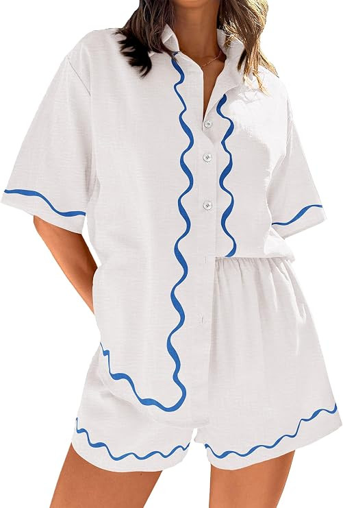 PRETTYGARDEN Women's Casual 2 Piece Outfits Summer Button Down Shirts Tops and Lounge Shorts Paja... | Amazon (US)