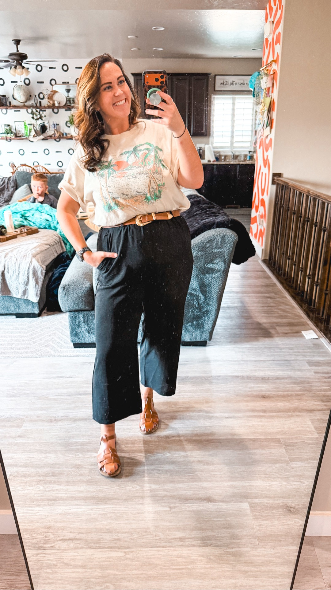 In my mom's defense, she later clarified she meant I looked like HER grandma, because she used to wear Saltwater Sandals all the time 😂 Guess that made her a coooool grandma 💃🏻

Pants: size XL
Shirt: size XL @American Eagle Outfitters 

Size 14/16 | L/XL | 5'9

graphic tee midsize, wide leg black pants, Saltwater Sandals, palm tree tee, midsize summer outfit, size 14/16 casual outfit, corporate but comfy

#LTKWorkwear #LTKMidsize #LTKTall