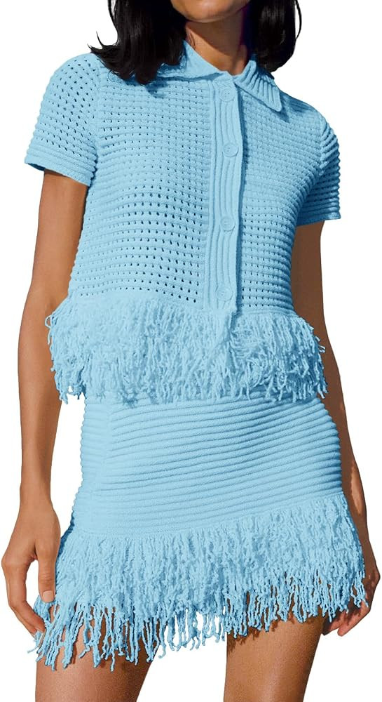 Fisoew Womens 2 Piece Outfits Crochet Short Sleeve Button Knit Sweater Tops and Fringe Skirt Vaca... | Amazon (US)