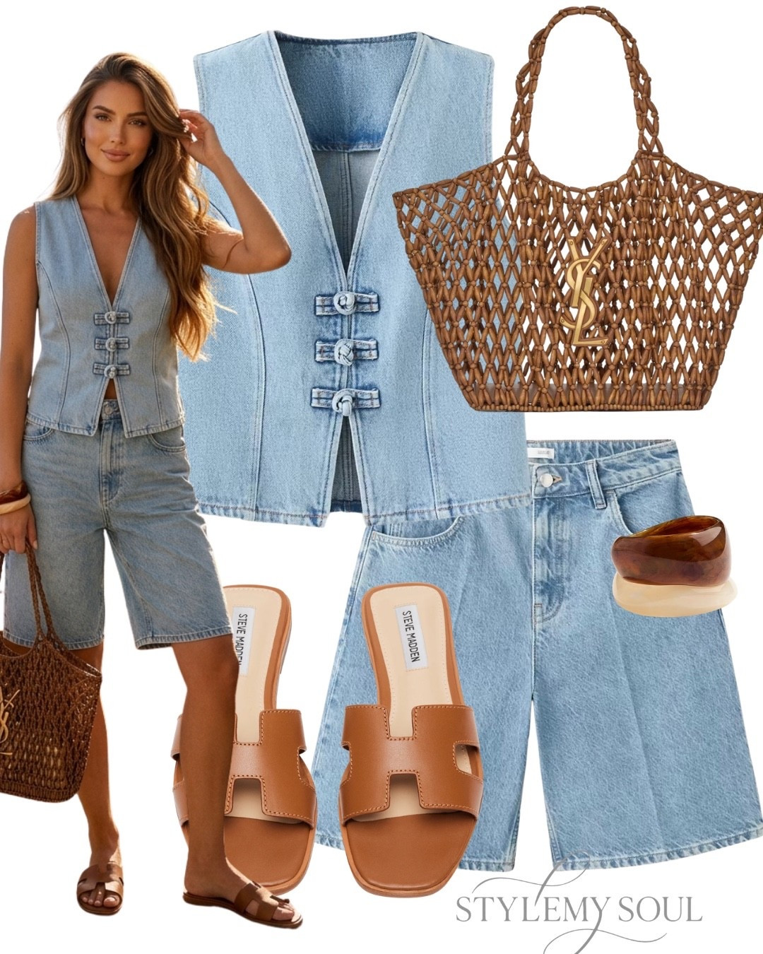 Denim co-ord, denim shorts, denim vest, raffia bag, camel slides, bracelet

#LTKOver40 #LTKWorkwear #LTKTravel