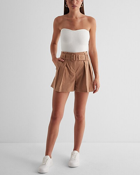 Super High Waisted Belted Paperbag Shorts | Express