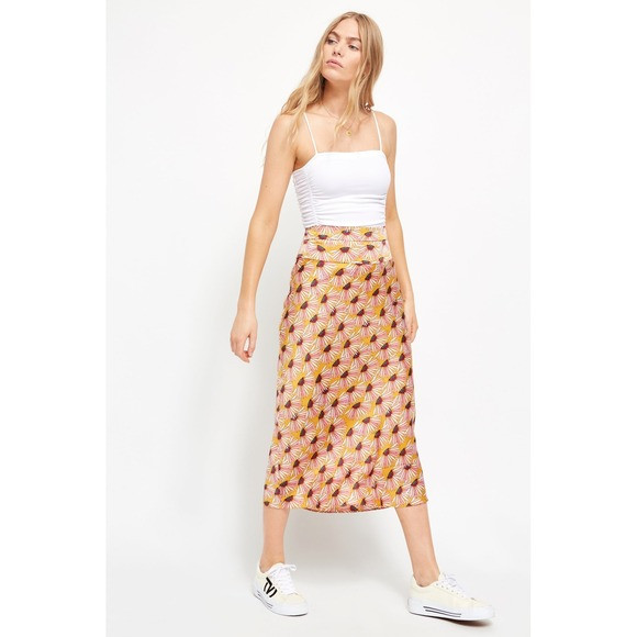 Free People Normani Bias Floral Midi Skirt 8 Yellow Daisy Print Boho A-Line | Poshmark