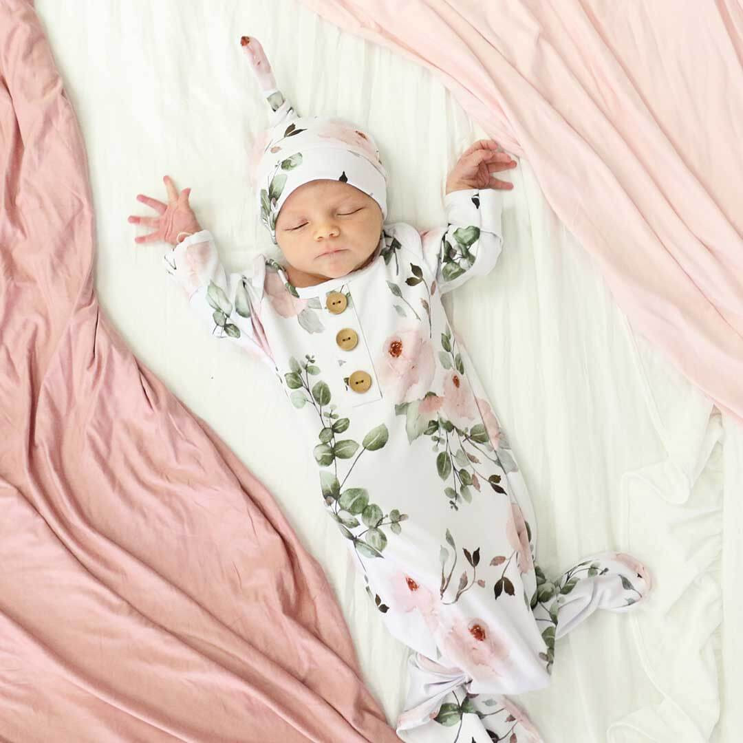 Millie's Dusty Rose Garden Newborn Baby Knot Gown & Hat Set | Caden Lane