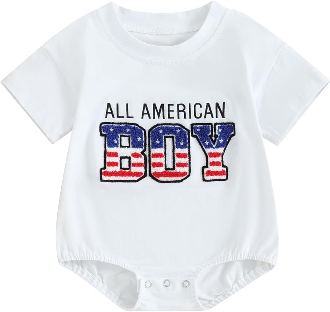 AEEMCEM 4th of July Baby Boy Girl Outfit USA Bubble Romper Oversized Short Sleeve T-Shirt Romper ... | Amazon (US)