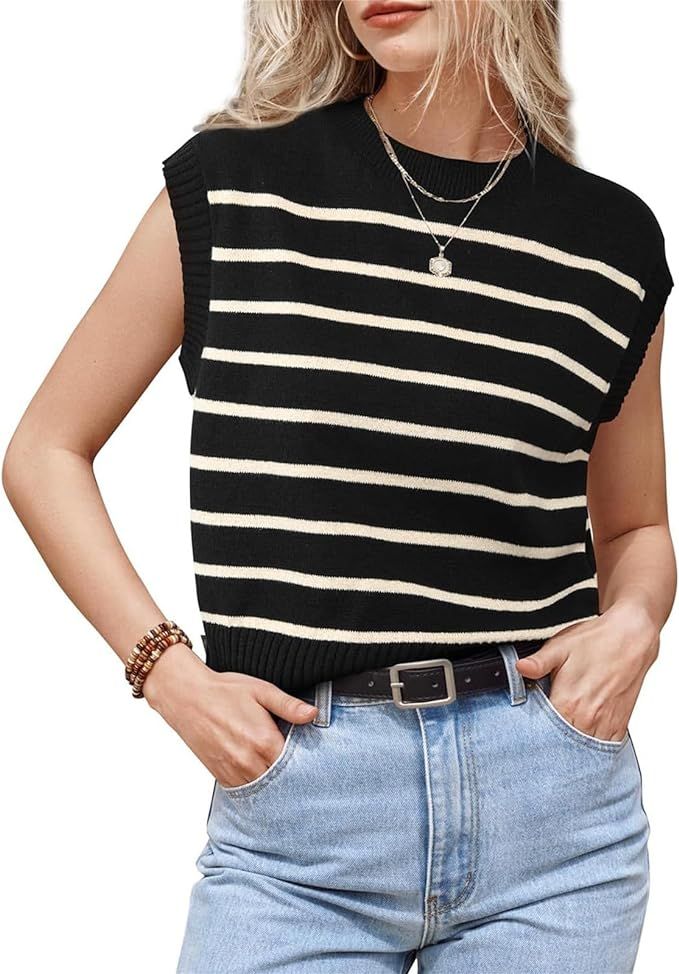 Womens Crewneck Stripe Tank Tops Sleeveless Loose Comfy Casual Trendy Knit Pullover Sweater Vest ... | Amazon (US)