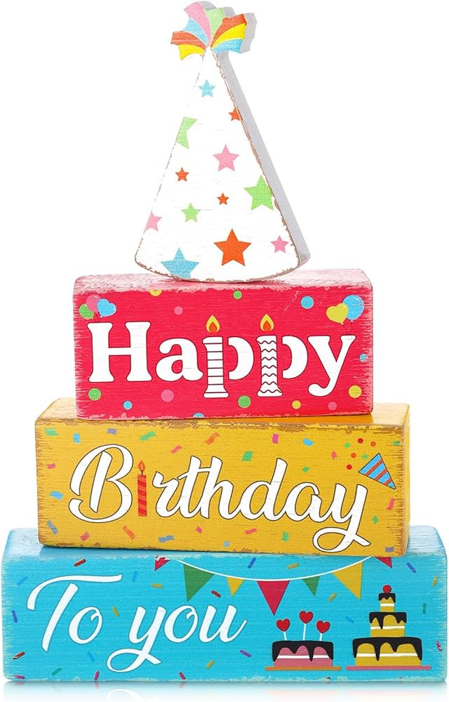 4 PCS Birthday Wooden Sign Blocks Colorful Wood Desk Tiered Tray Decoration with Party Hat Happy ... | Amazon (US)