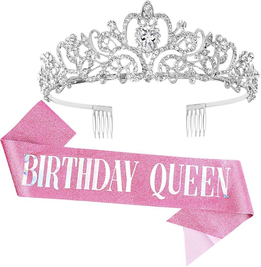 "Birthday Queen" Sash & Crystal Tiara Kit COCIDE Birthday Silver Tiara and Crowns for Women Birth... | Amazon (US)