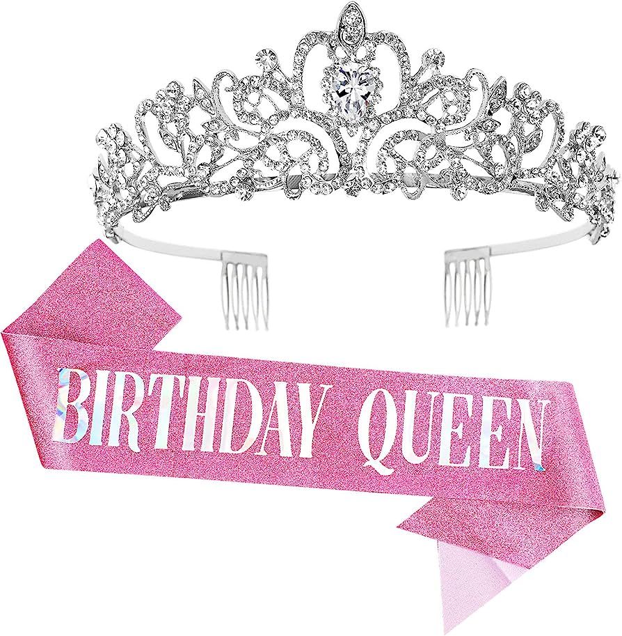 "Birthday Queen" Sash & Crystal Tiara Kit COCIDE Birthday Silver Tiara and Crowns for Women Birth... | Amazon (US)