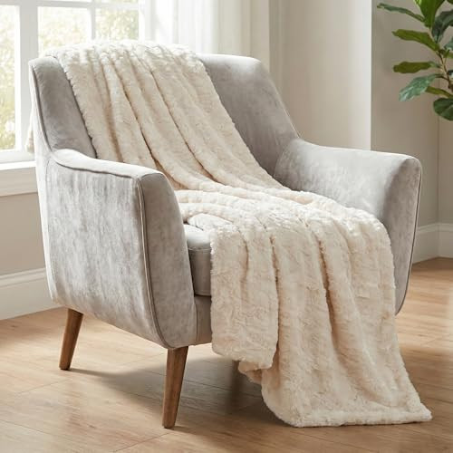 Americanflat Faux Fur Throw Blanket - Luxury 50x60 Extra Soft Plush Rabbit Fur, Reversible & Machine Washable Cozy Throw for Bed, Couch, Sofa, or Living Room Decor - Ivory, Cream, White | Amazon (US)