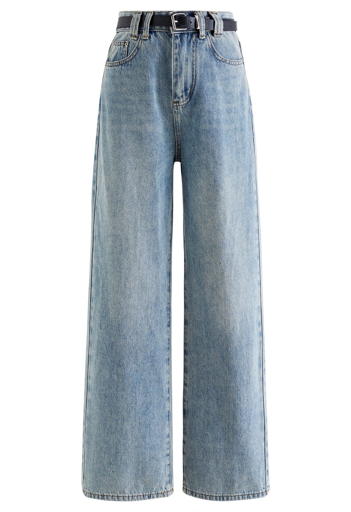 Distressed Straight-Leg Belted Jeans in Blue | Chicwish