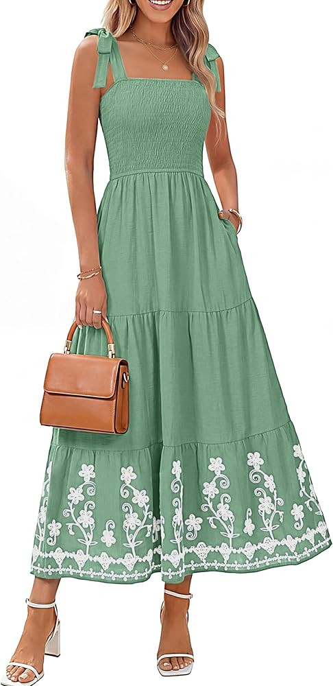 BerryGo Women's Summer Boho Maxi Dress Smocked Spaghetti Strap Embroidery Casual Beach Vacation S... | Amazon (US)