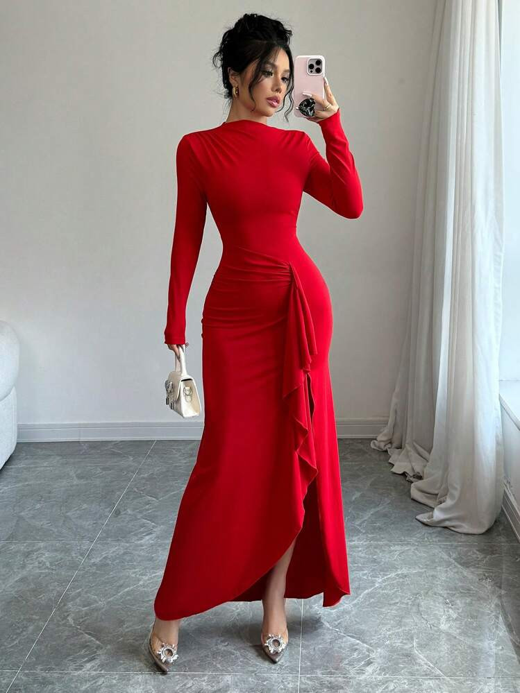 Elenzga Women Elegant Charming Office Commute High-End Christmas Party Long Sleeve Asymmetric Collar Waist Shaping Fitted Midi Dress, Solid Color Knit For New Year Clothes Maxi Women Outfit Fall Cloth For Women | SHEIN
