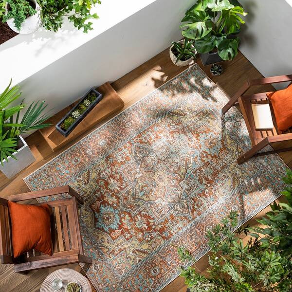 Artistic Weavers Dellie Indoor/ Outdoor Traditional Medallion Area Rug - 6'11" x 9' - Aqua / Rust | Bed Bath & Beyond