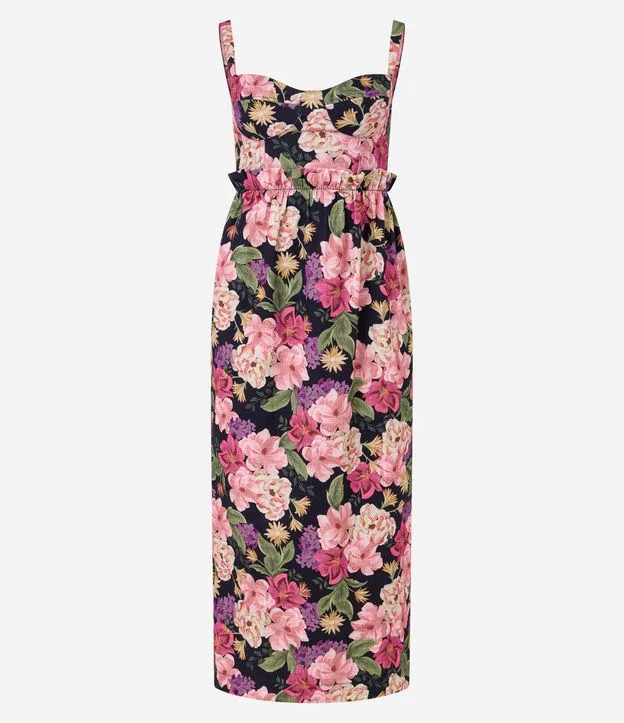 Vestido Midi em Sarja com Babadinho Frufru na Cintura e Estampa Floral Preto/ Rosa - Lojas Renner | Renner (BR)