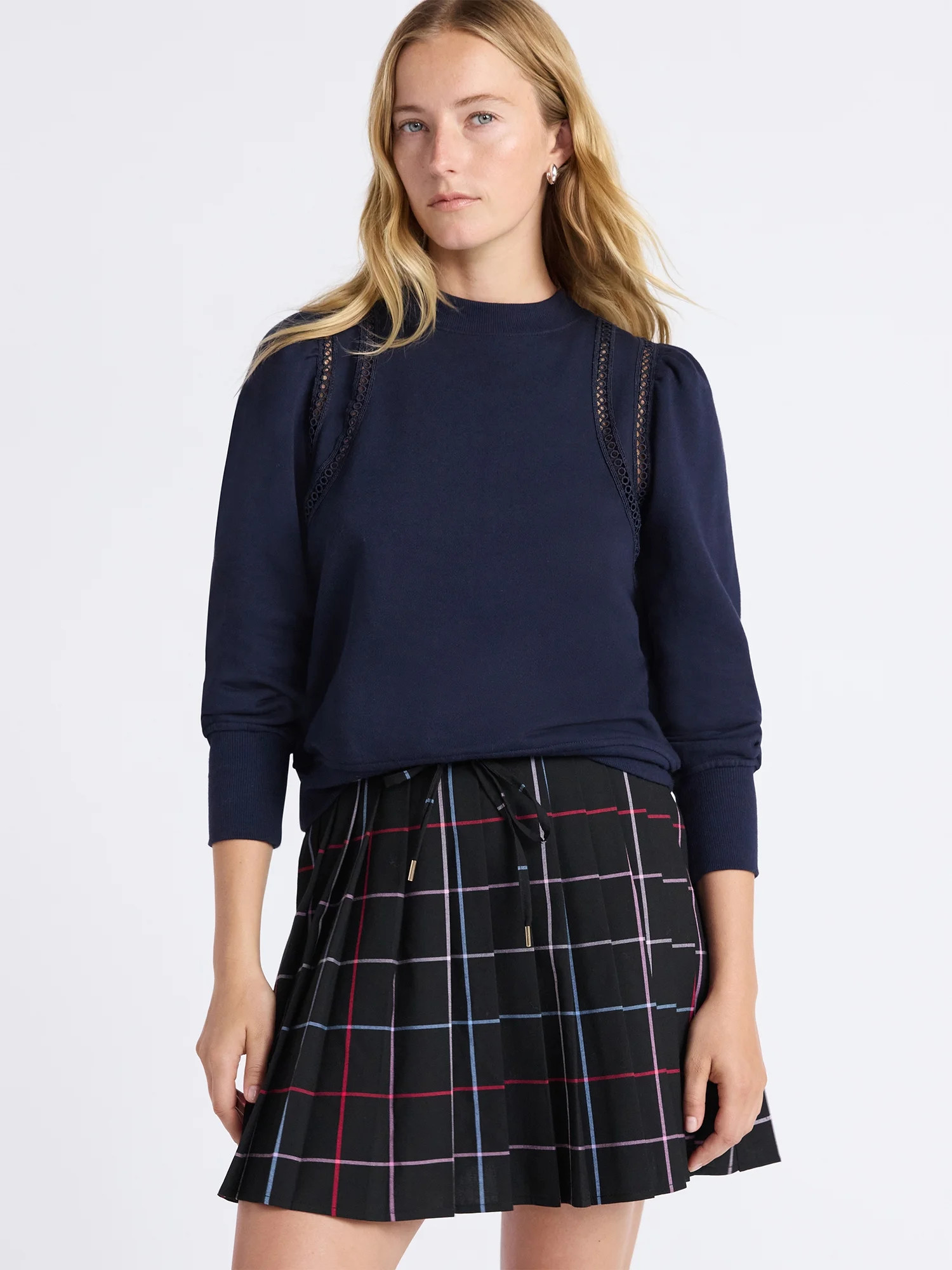 Free Assembly Women's French Terry Sweatshirt with Lace Inset and Long Puff Sleeves, Sizes XS-XXL | Walmart (US)