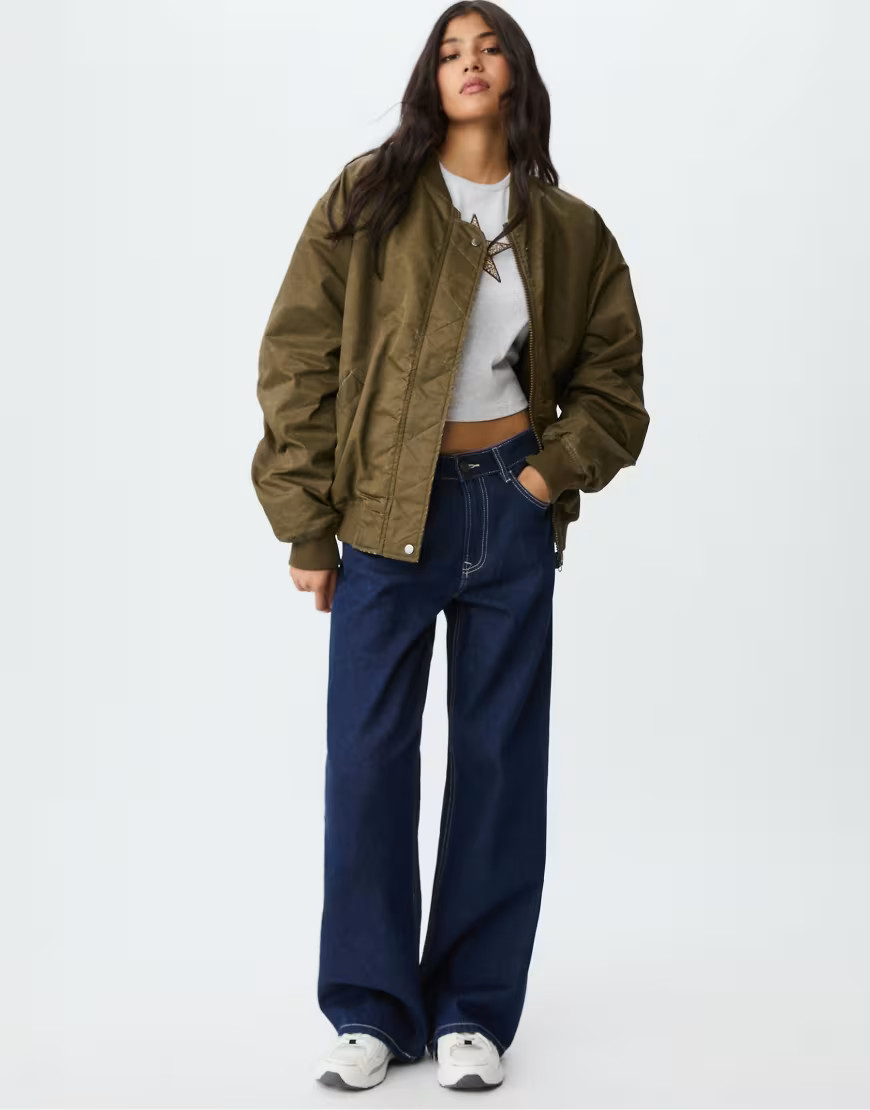 Stradivarius Faded-effect bomber jacket in olive green | ASOS (Global)