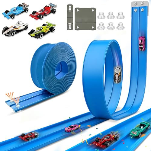 15.75 Ft Flex Track for Kids, Flexible Race Track Compatible with Hot Wheels and Diecast 1/64th Cars, Roll-Up Portable Race Car Ramp Track with Suction Cups & Track Anchors & 4 Race Cars, Blue | Amazon (US)