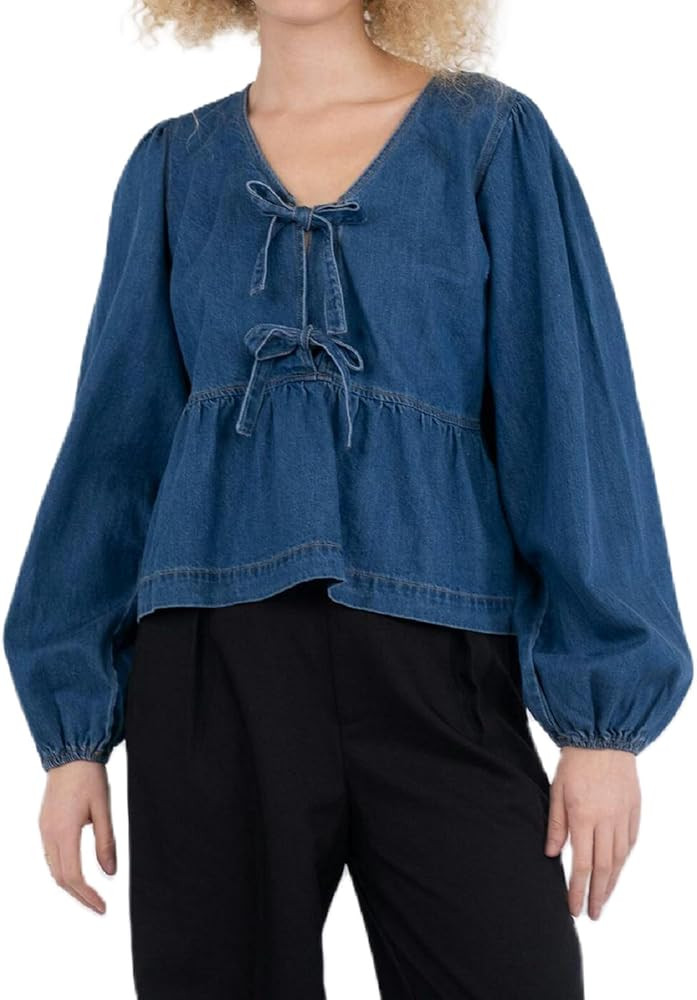 Women Bow Tie Front Denim Pullover Loose Fit Bell Sleeve Babydoll Peplum Shirts Ruffle Jean Blous... | Amazon (US)