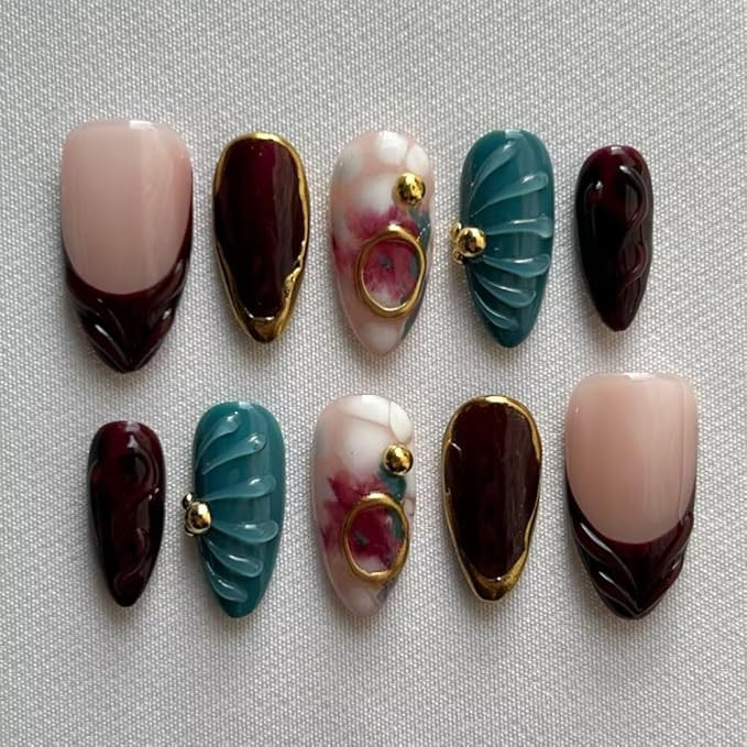 MAGLFELL Fall Press On Nails - Handmade GEL Medium Length Almond Fake Nails, Brown Rendering Pain... | Amazon (US)