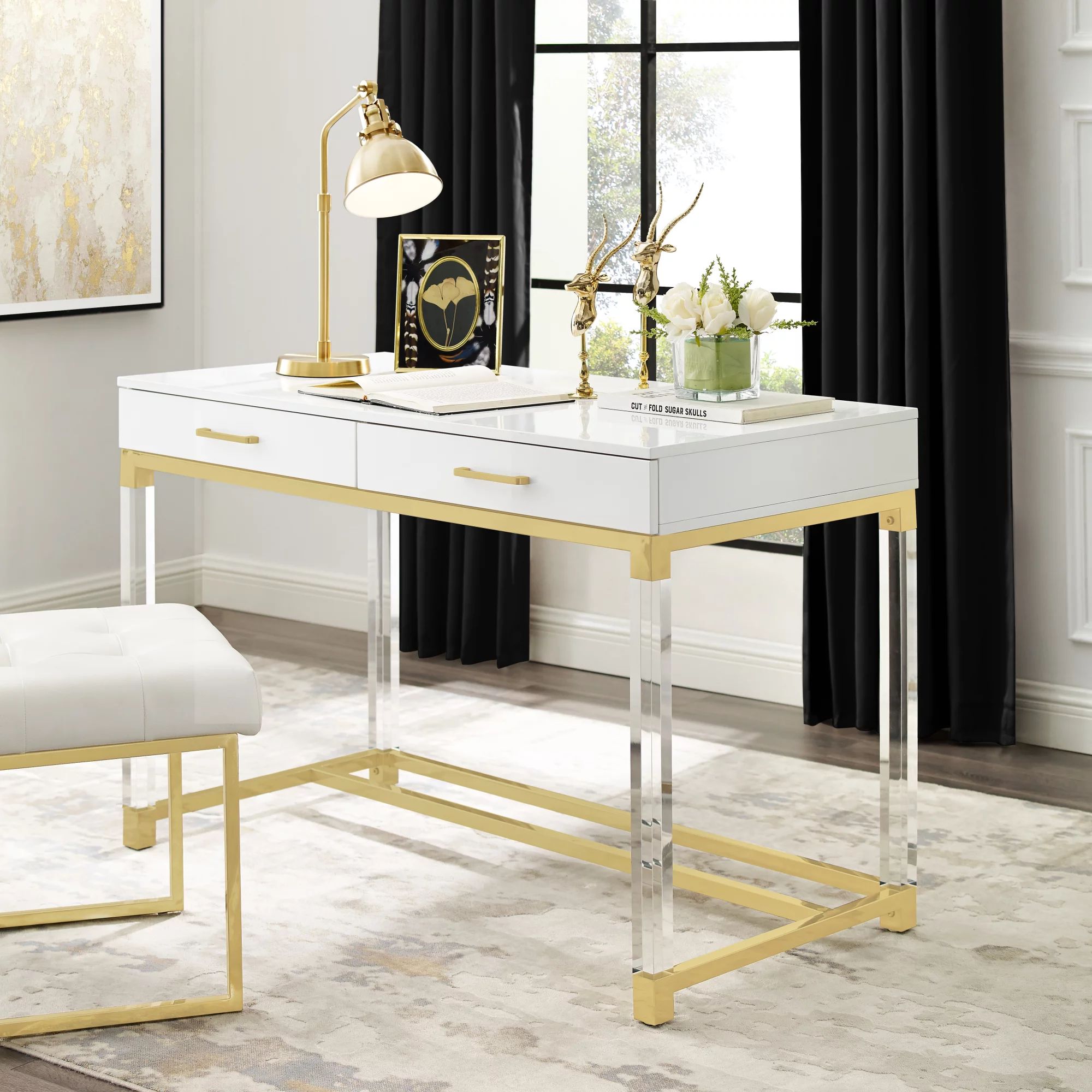 Alena White Writing Desk - 2 Drawers | High Gloss | Acrylic Legs | Gold Stainless Steel Base | Mo... | Walmart (US)