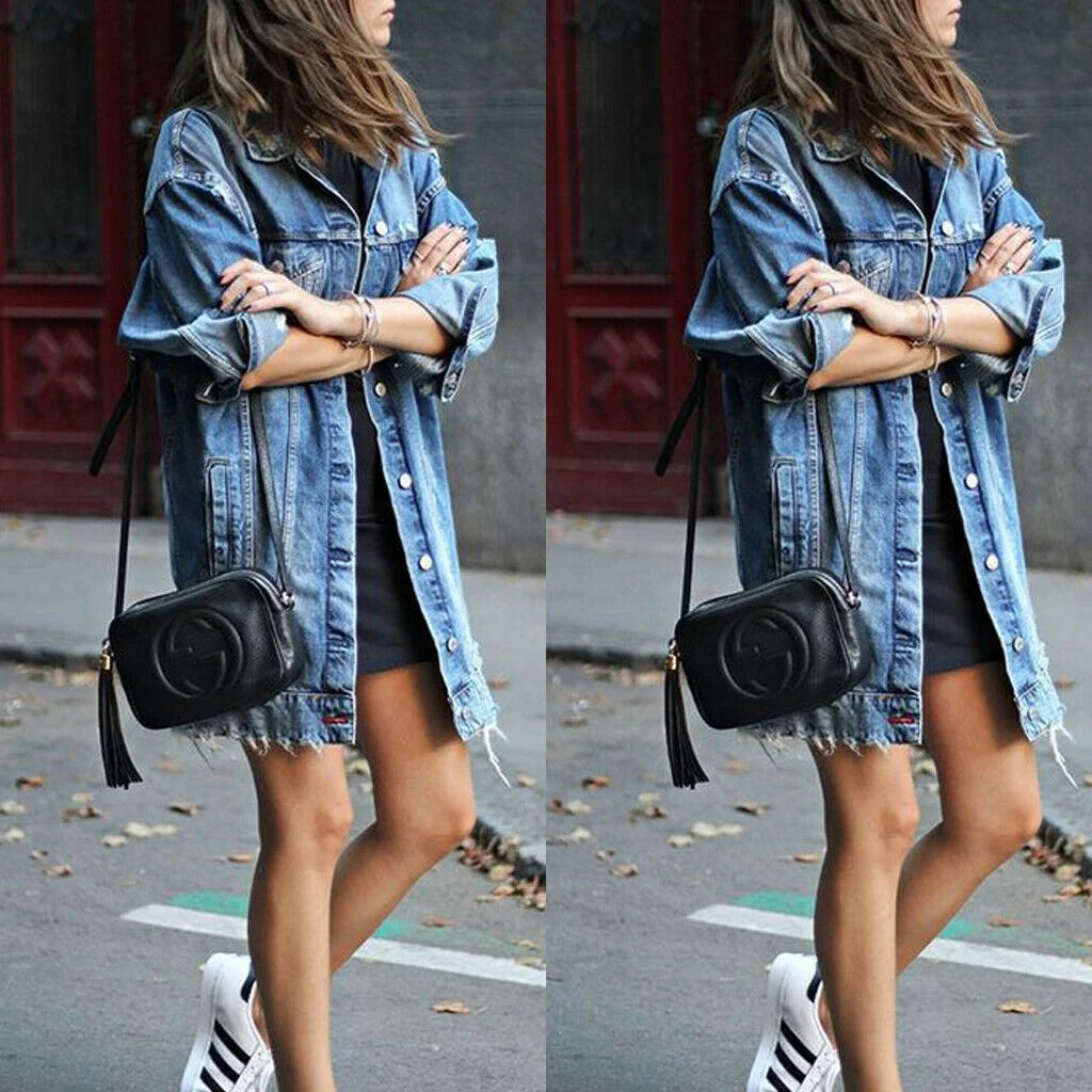 Multitrust Women Retro Boyfriend Style Denim Jacket Loose Casual Oversize Long Jean Coat | Walmart (US)