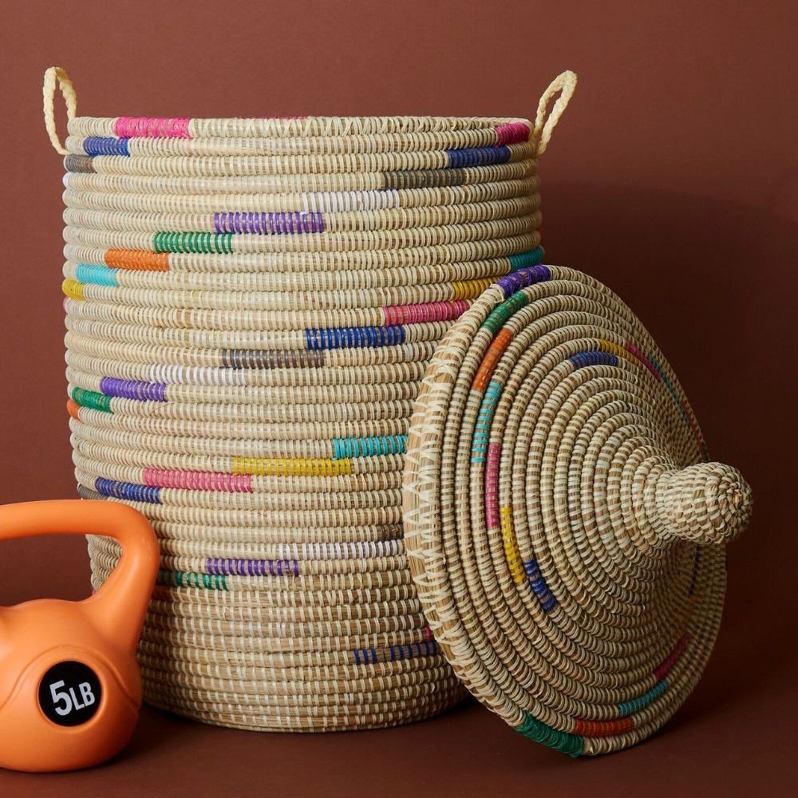 Senegal Large Hand Woven Grass Beige Colorful Swirl Basket | Etsy | Etsy (US)