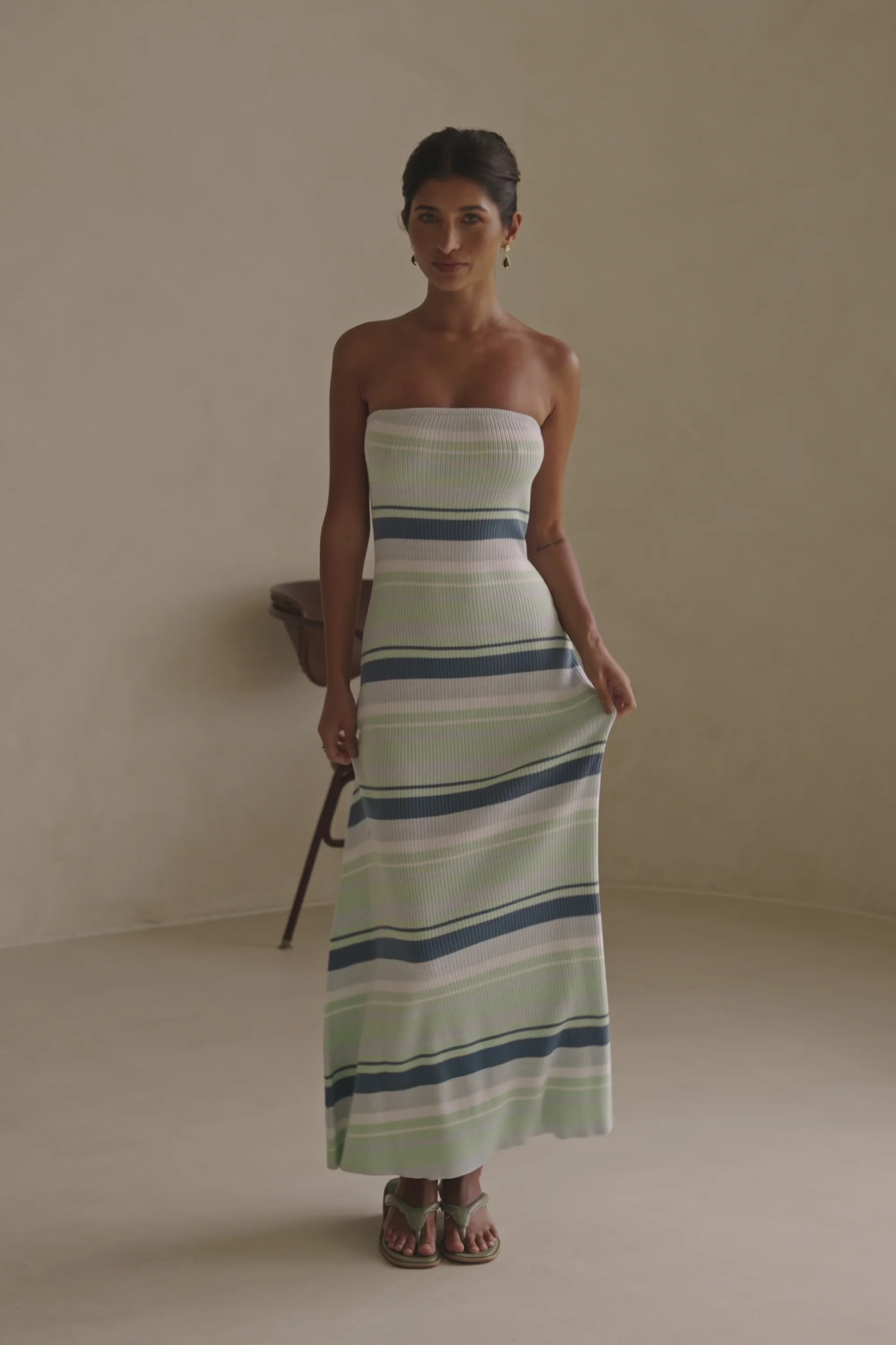 Green and White Stripe Strapless Maxi Anya Dress | Sabo Skirt US