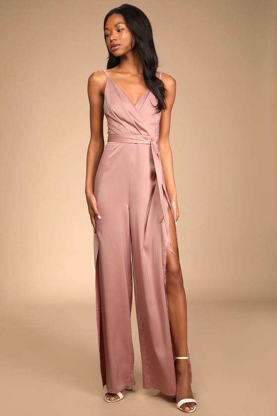 Mauve Satin Slit Leg Jumpsuit Spring Dress Spring Outfits Wedding Guest Dress Pastel | Lulus (US)