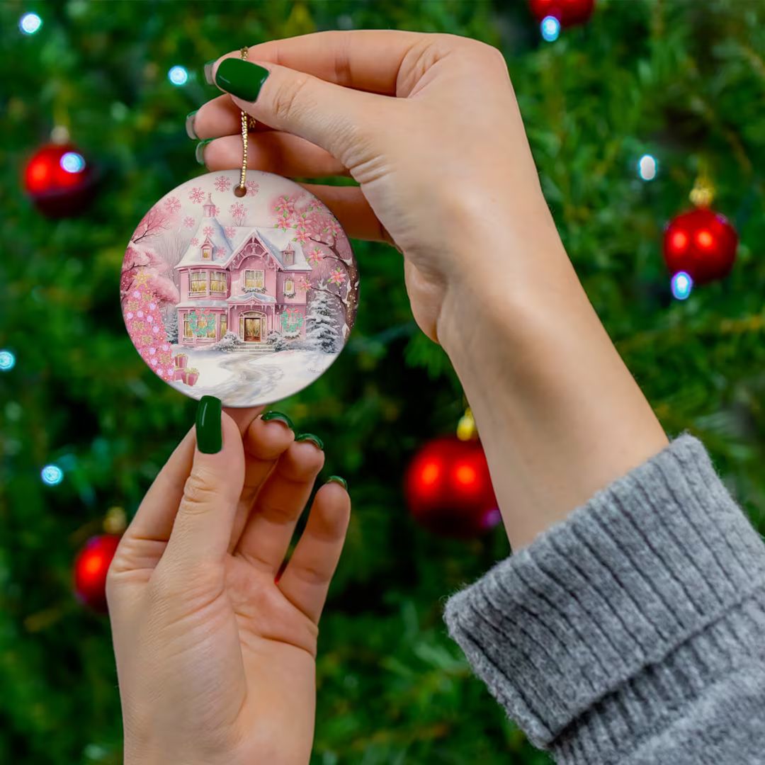 Whimsical Pink Christmas House and Trees Ornament Unique - Etsy | Etsy (US)