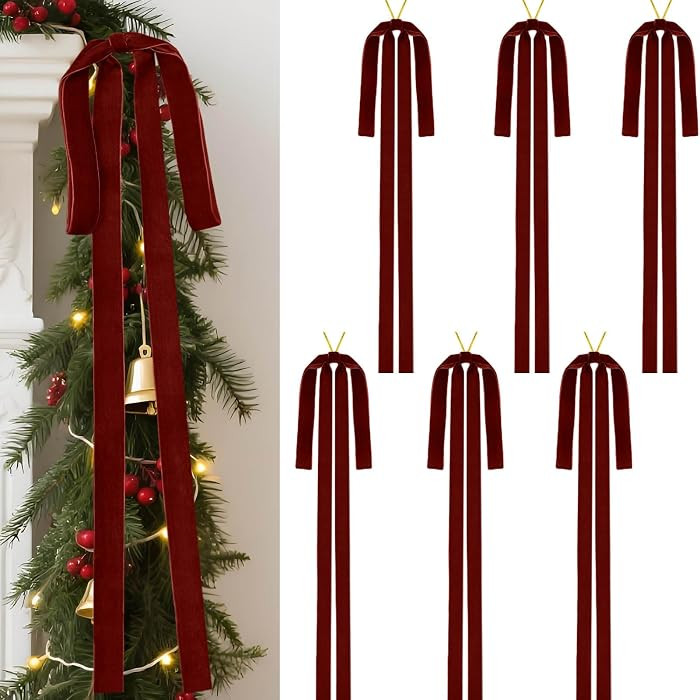 6 Pcs Burgundy Velvet Christmas Swag Bows 23.5x15.5 Inch, Rustic Large Velvet Christmas Staircase... | Amazon (US)