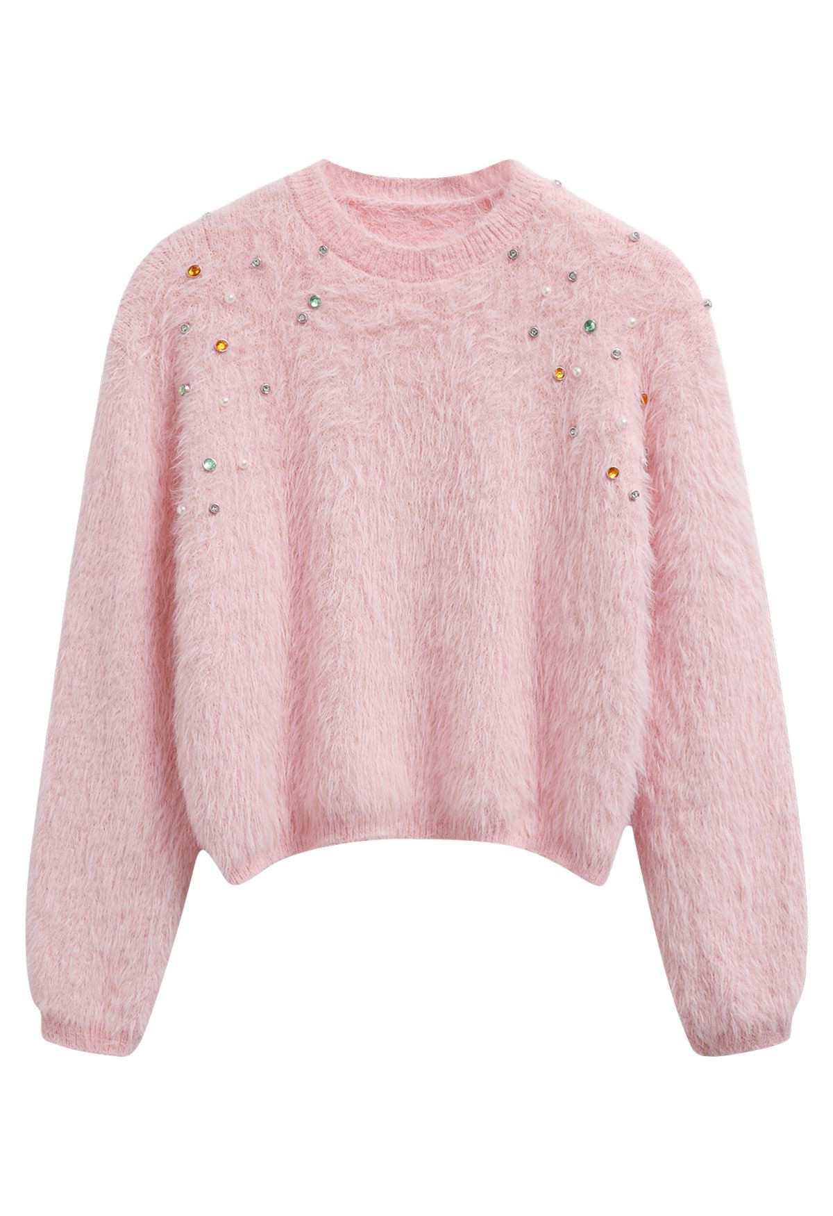 Pearl and Colorful Rhinestone Decor Crop Knit Sweater | Chicwish