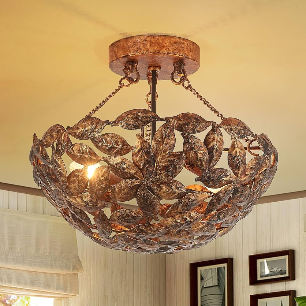 Vintage Flush Mount Ceiling Light with Leaves Design Shade, Dome Hallway Lighting Fixture, Indust... | Amazon (US)