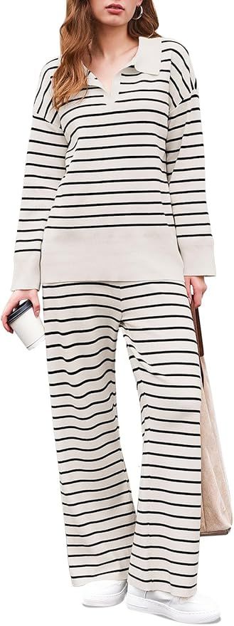 Tankaneo Womens Fall Outfits 2 Piece Sets Striped Knit Sweater Set Collared Long Sleeve Tops and ... | Amazon (US)