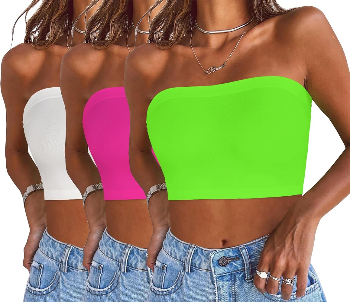 Womens Tube Tops Summer Bandeau Casual Crop Top Going Out Strapless Tank Basic Short Shirt | Amazon (US)