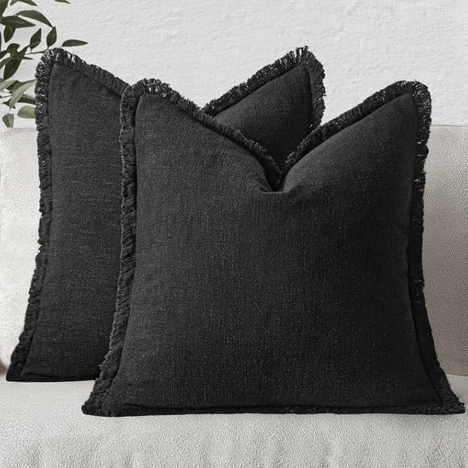 MIULEE Decorative Throw Pillow Covers Neutral Linen Fringe Throw Pillows Euro Shams Set of 2 Blac... | Amazon (US)