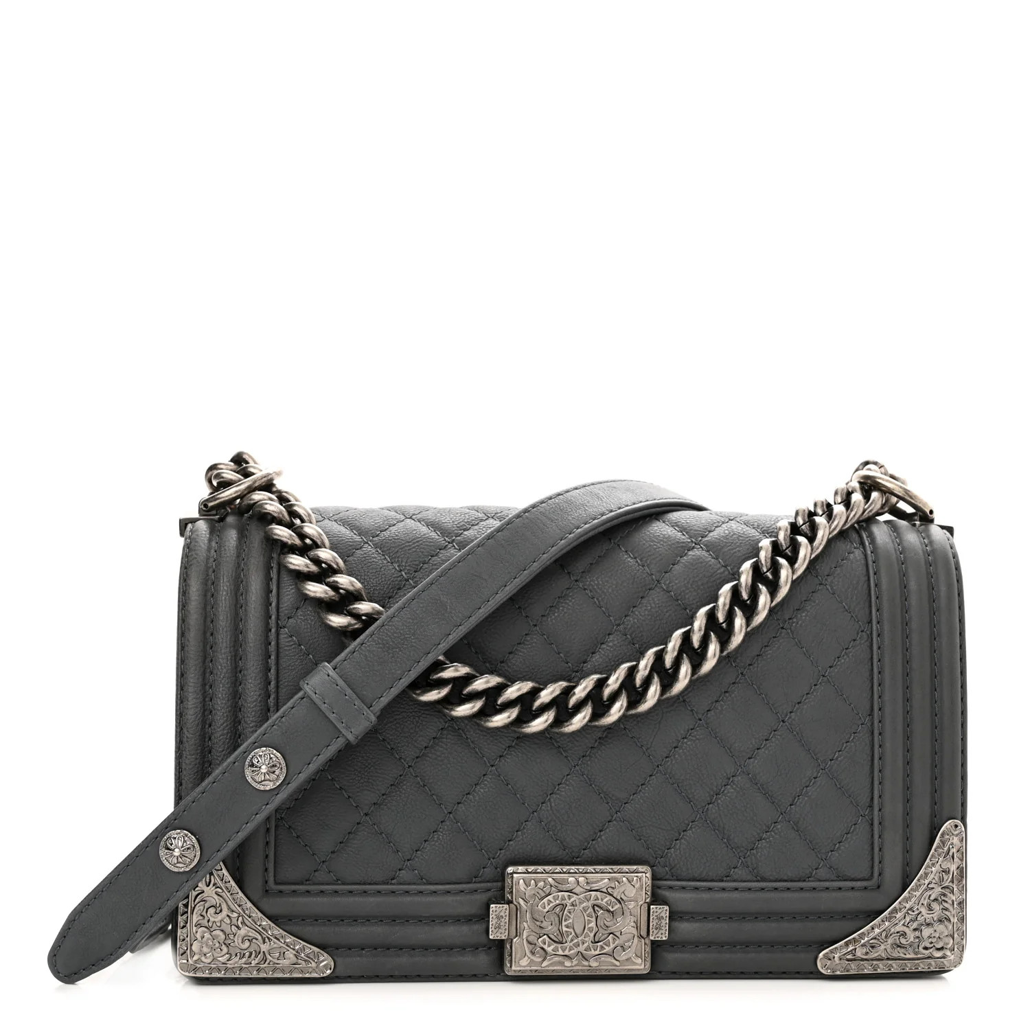 Calfskin Quilted Embellished Metal Medium Boy Flap Grey | FASHIONPHILE (US)