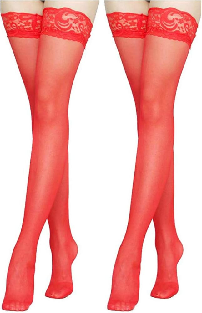 Women's Sheer Silky Thigh Highs Stockings with Stay Up Silicone Lace Top | Amazon (US)